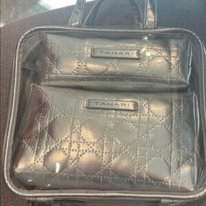 Tahari Metallic Silver Quilted Cosmetic Bag